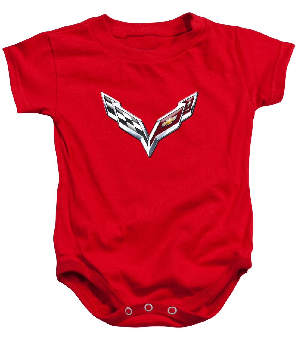 'wheels Of Fortune' Collection By Serge Averbukh Baby Onesie featuring the photograph Chevrolet Corvette - 3d Badge On Red by Serge Averbukh