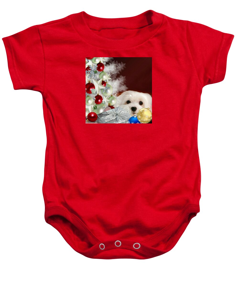 maltese Dog Christmas Baby Onesie featuring the mixed media Christmas Baubles by Morag Bates
