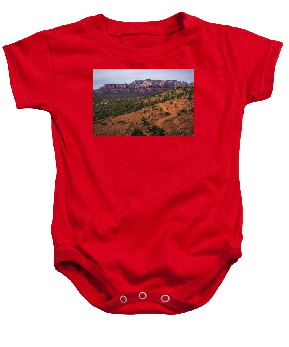 Arizona Baby Onesie featuring the photograph Chuck Wagon Trail and Secret Mountain by Andy Konieczny
