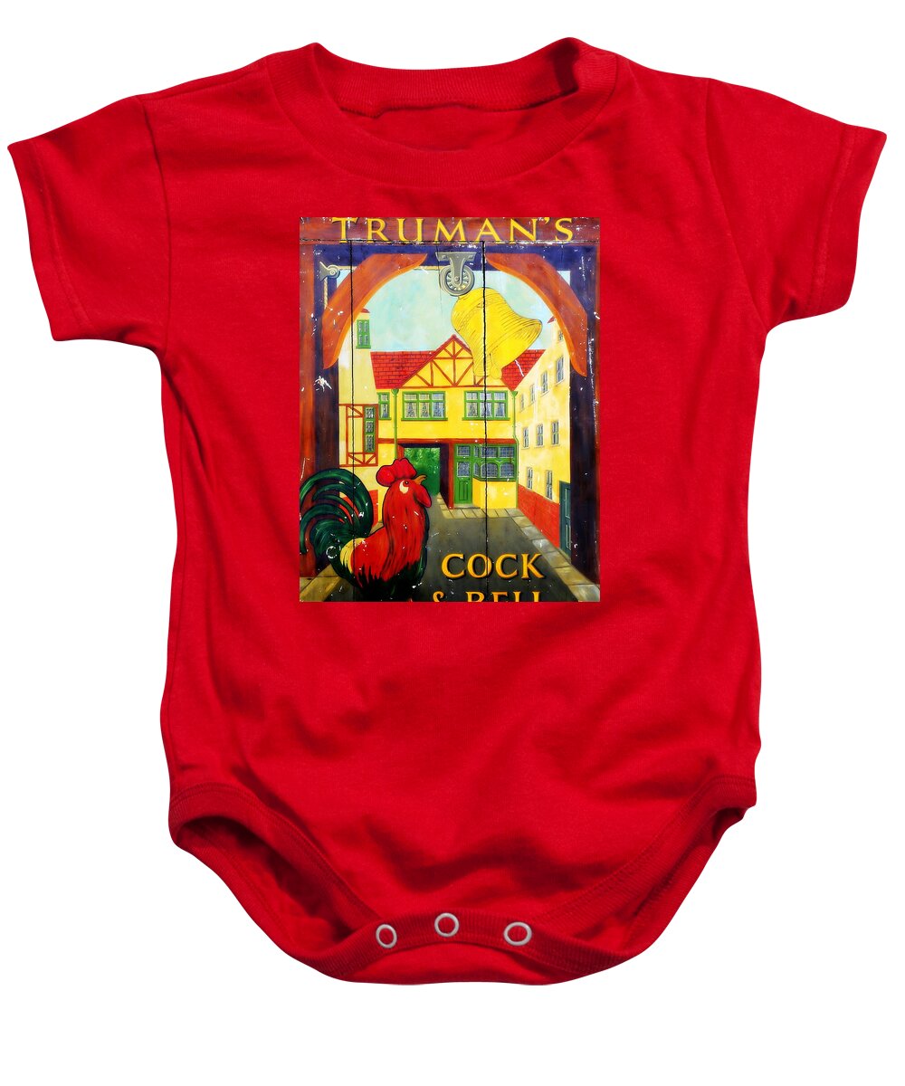 Pub Baby Onesie featuring the photograph Cock and Bell by Imagery-at- Work