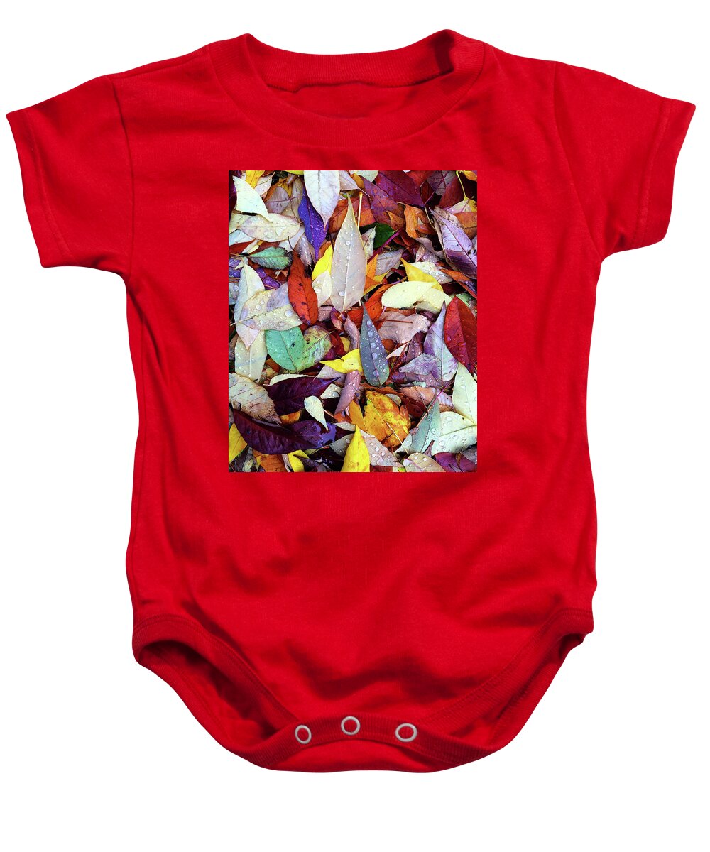 Autumn Baby Onesie featuring the photograph Colorful autumn leaves in raindrops by GoodMood Art