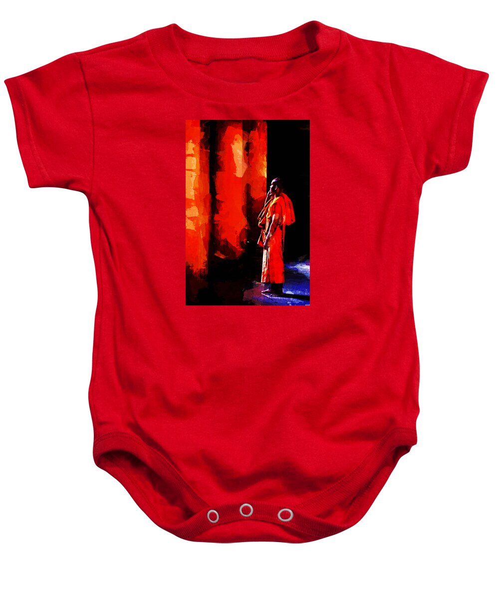 Monk Baby Onesie featuring the digital art Cool Orange Monk by Cameron Wood