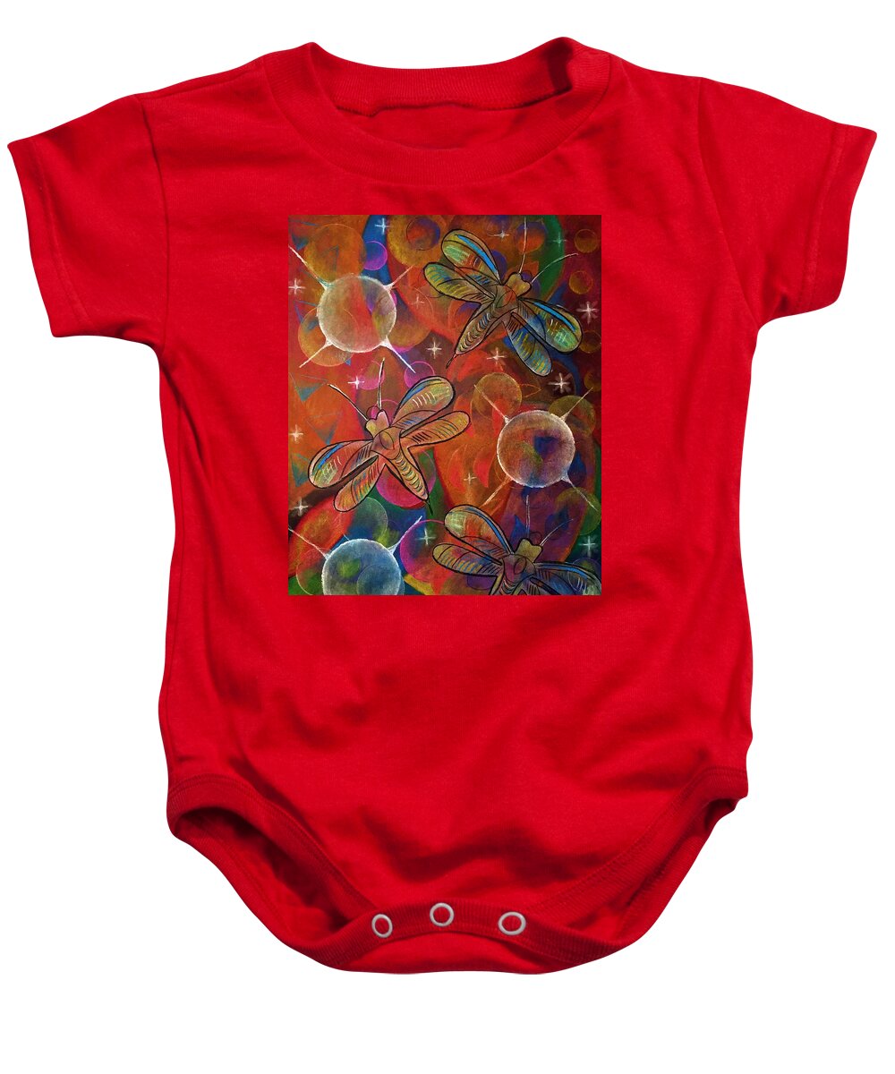 Dragonfly Baby Onesie featuring the pastel Cosmic Dragonflies II Pattern Art by Laurie's Intuitive