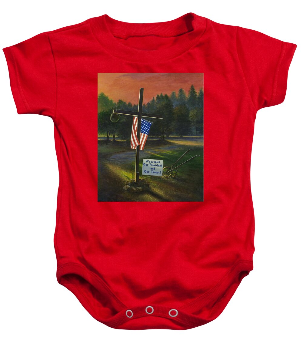 Cross Baby Onesie featuring the painting Cross of Remembrance by Randy Welborn