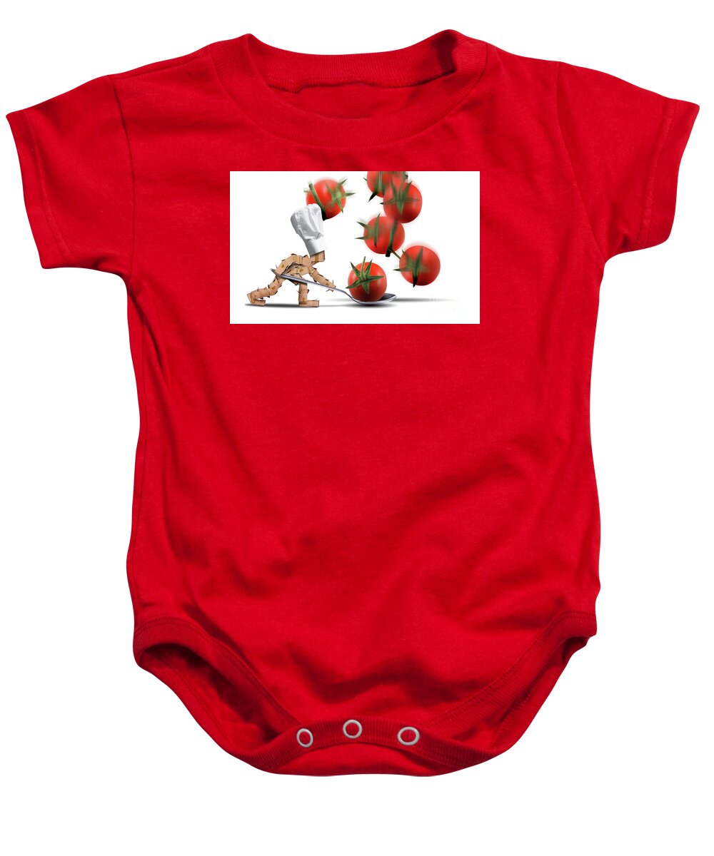Kitchen Baby Onesie featuring the digital art Cute chef box character catching tomatoes by Simon Bratt