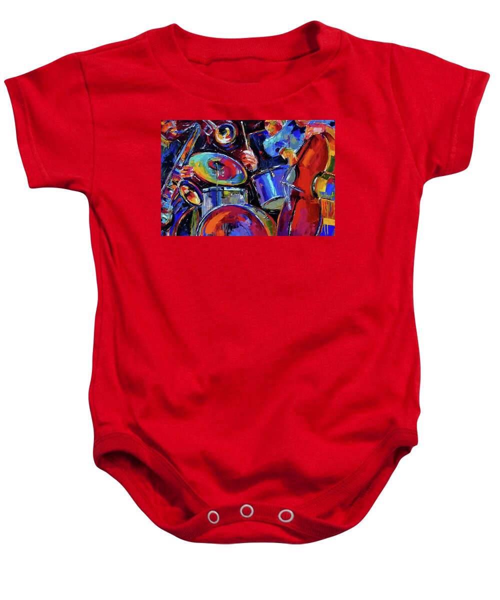 Jazz Baby Onesie featuring the painting Drums And Friends by Debra Hurd