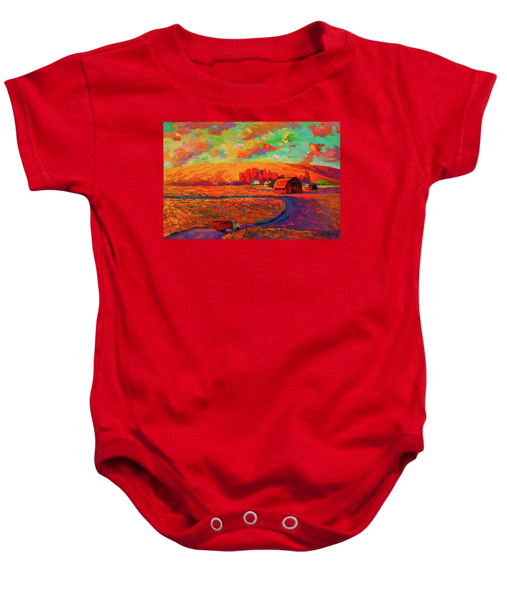 Wheat Baby Onesie featuring the painting Farmscape and Wheat Truck by Gregg Caudell
