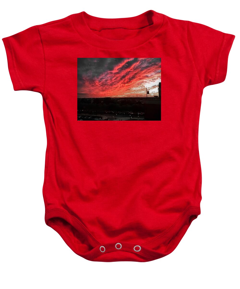 Sky Baby Onesie featuring the photograph Fire in the Sky by Chris Montcalmo