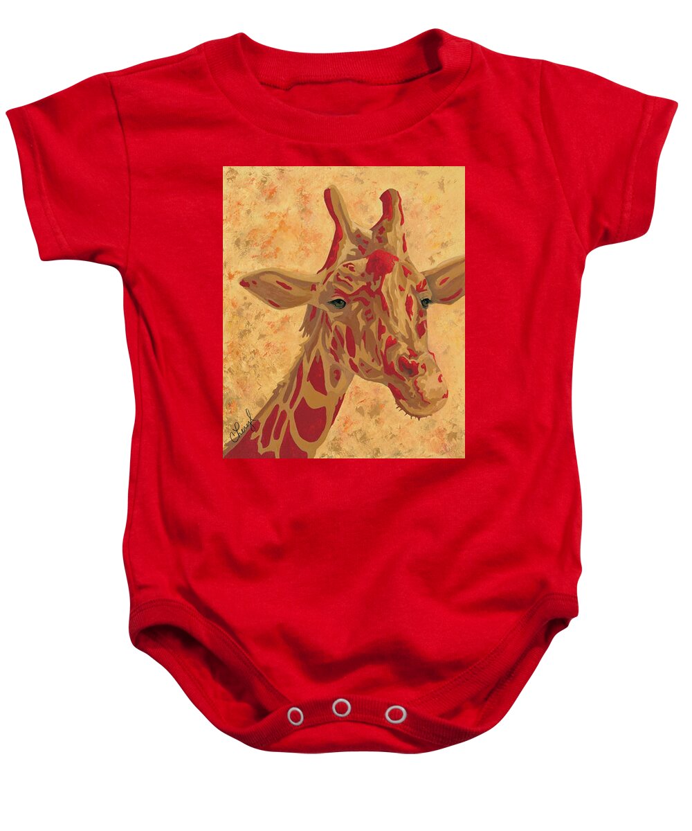 Giraffe Baby Onesie featuring the painting Friendly Giant by Cheryl Bowman