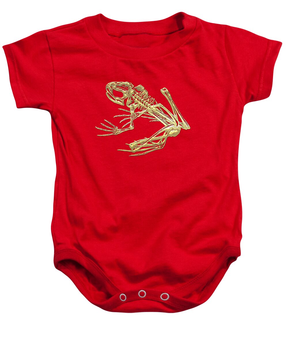 'precious Bones' Collection By Serge Averbukh Baby Onesie featuring the digital art Frog Skeleton in Gold on Red by Serge Averbukh