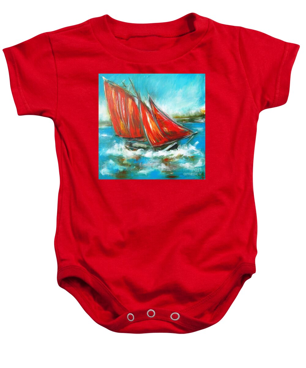 Galway Hooker Baby Onesie featuring the painting Paintings of Galway hooker on galway bay - see www.pxi-art.com by Mary Cahalan Lee - aka PIXI