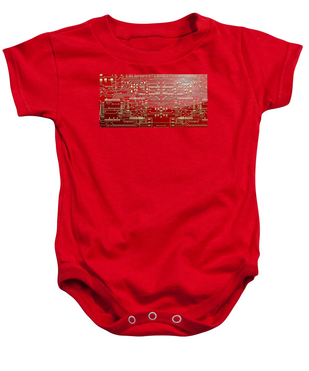 visual Art Pop By Serge Averbukh Baby Onesie featuring the photograph Gold Circuitry on Red by Serge Averbukh