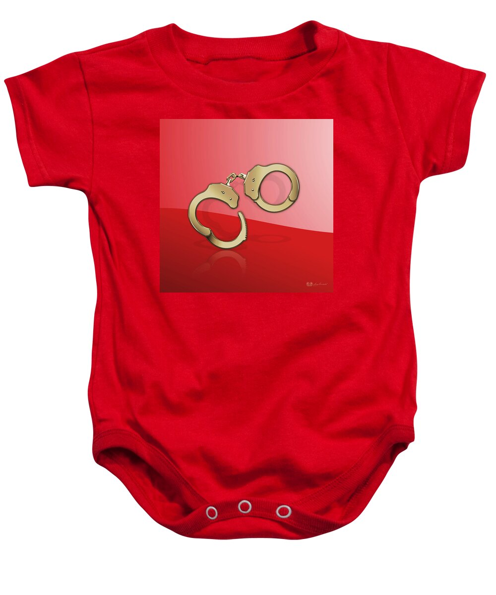 Tools Of The Trade By Serge Averbukh Baby Onesie featuring the photograph Gold Handcuffs On Red by Serge Averbukh