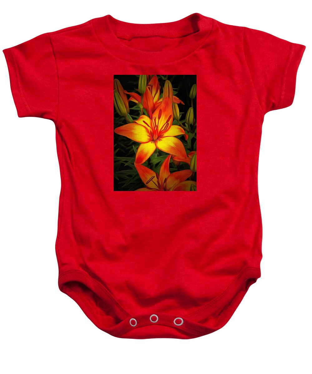 Lily Baby Onesie featuring the digital art Golden Lilies by Charmaine Zoe