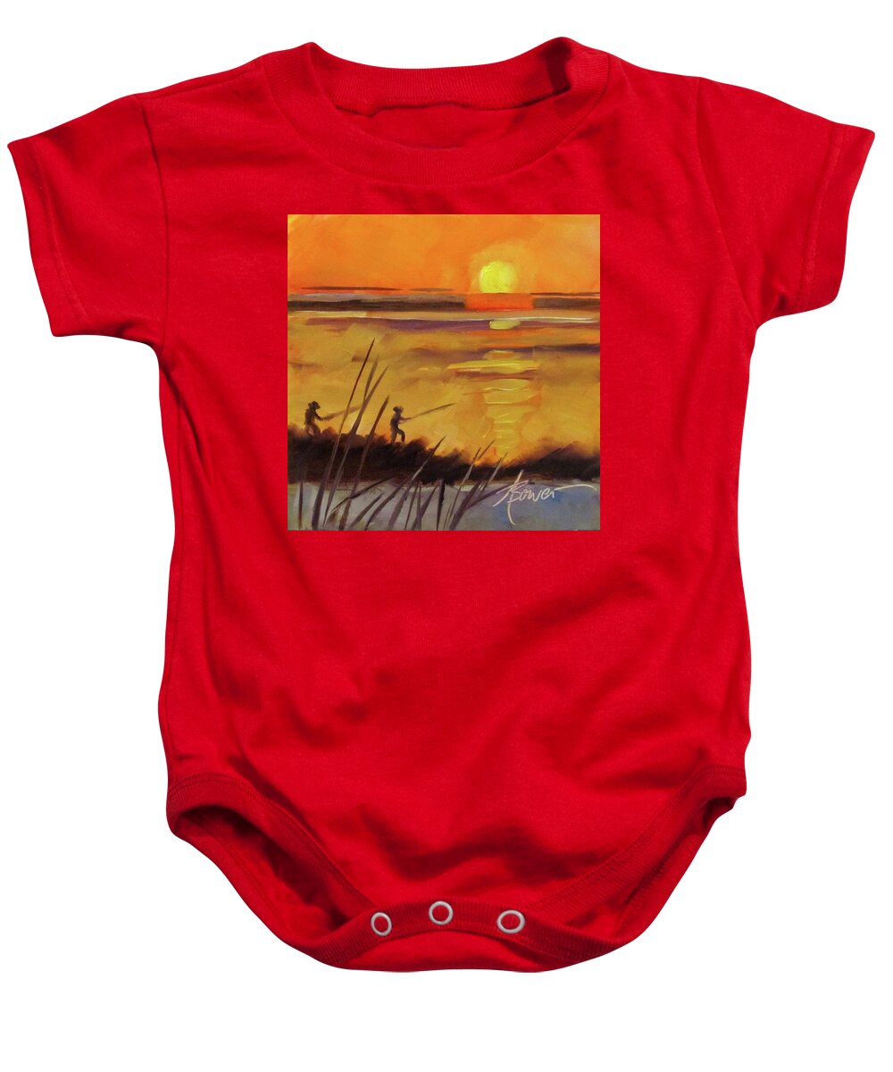 Gulf Coast Baby Onesie featuring the painting Grand Isle Fishermen by Adele Bower