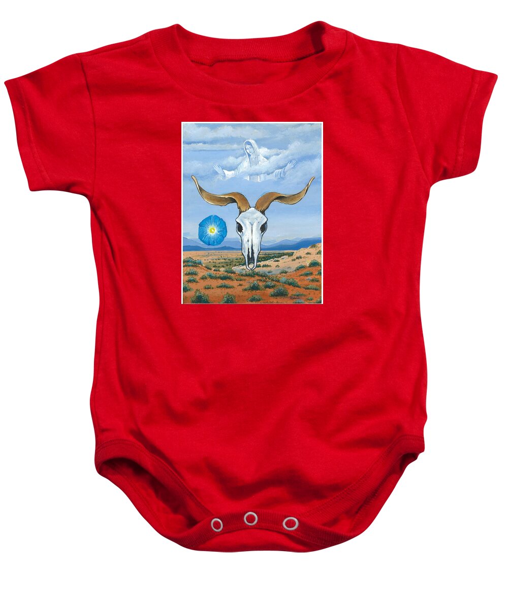 Guadalupe Baby Onesie featuring the painting Guadalupe visits Georgia O'Keeffe by James RODERICK