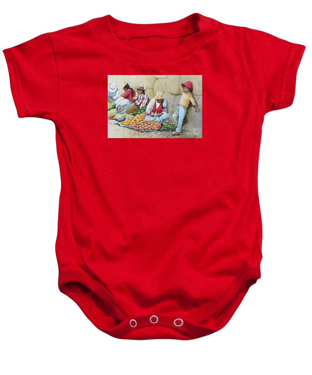 Nancy Charbeneau Baby Onesie featuring the painting Hanging with Mom by Nancy Charbeneau
