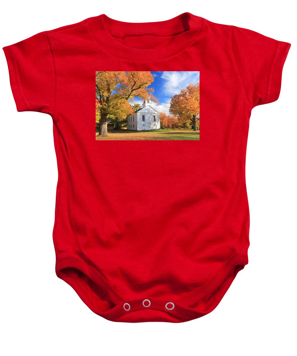 Autumn Baby Onesie featuring the photograph Historic New England Meetinghouse and Fall Foliage Ware Massachusetts by John Burk