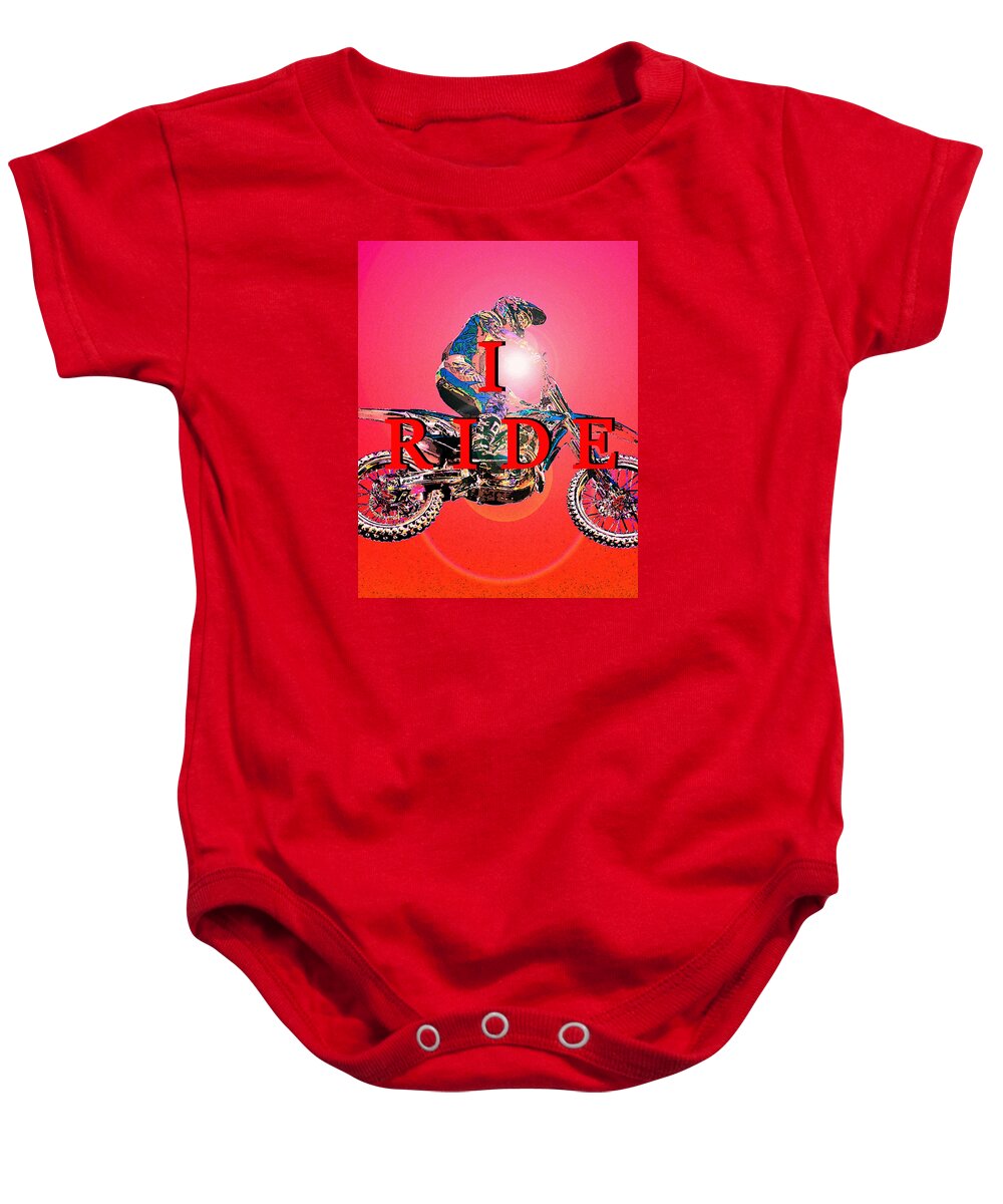 I Ride Baby Onesie featuring the painting I Ride red work by David Lee Thompson