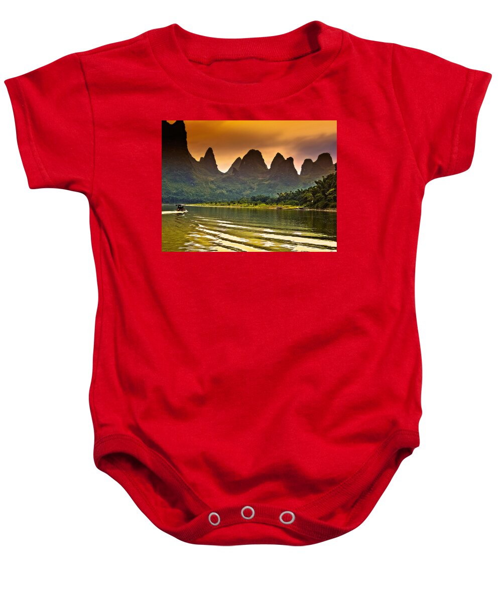 Sunset Baby Onesie featuring the photograph Long wave seems brush-China Guilin scenery Lijiang River in Yangshuo by Artto Pan