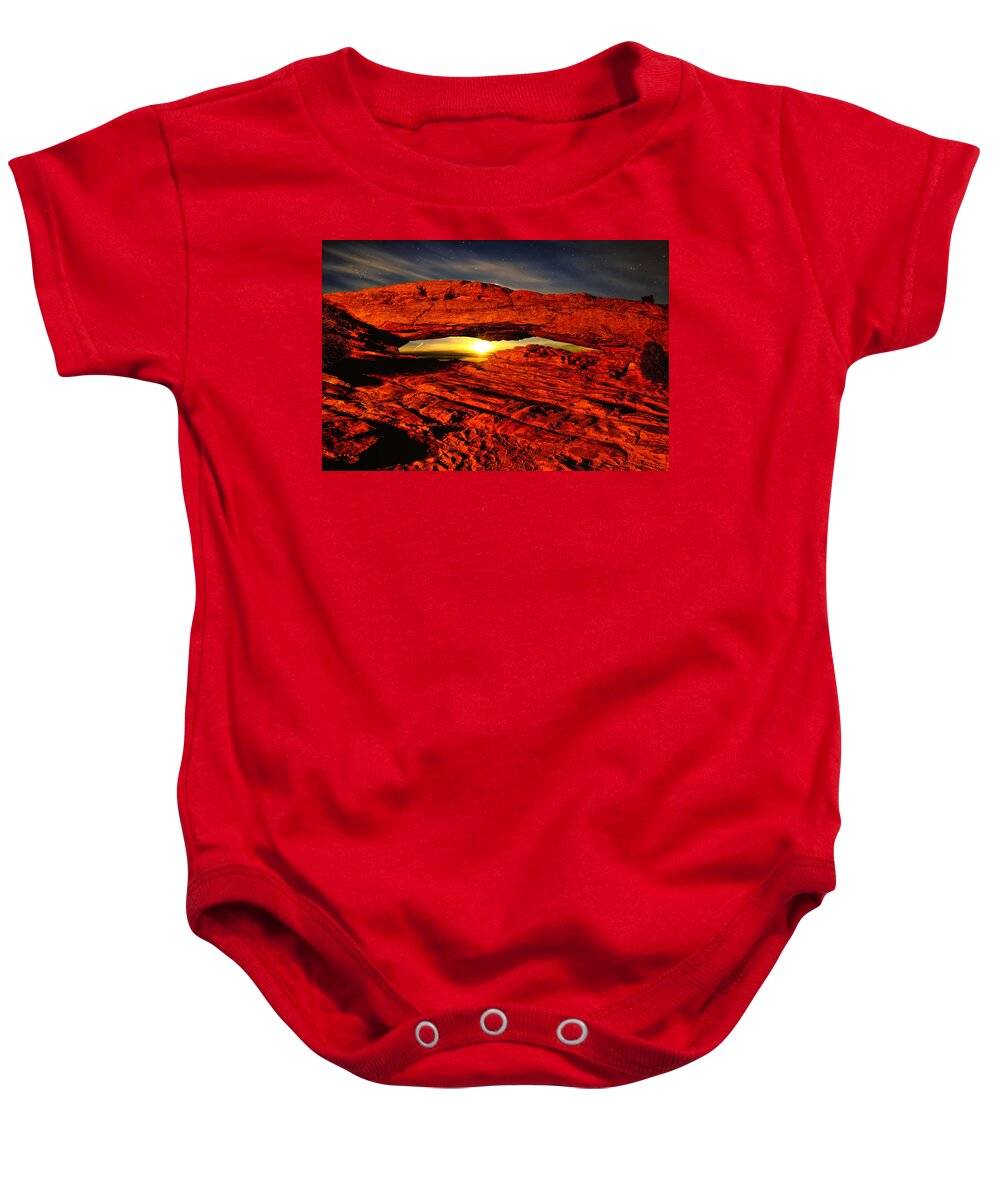 Mesa Arch Baby Onesie featuring the photograph Mesa Arch Moonshine by Greg Norrell