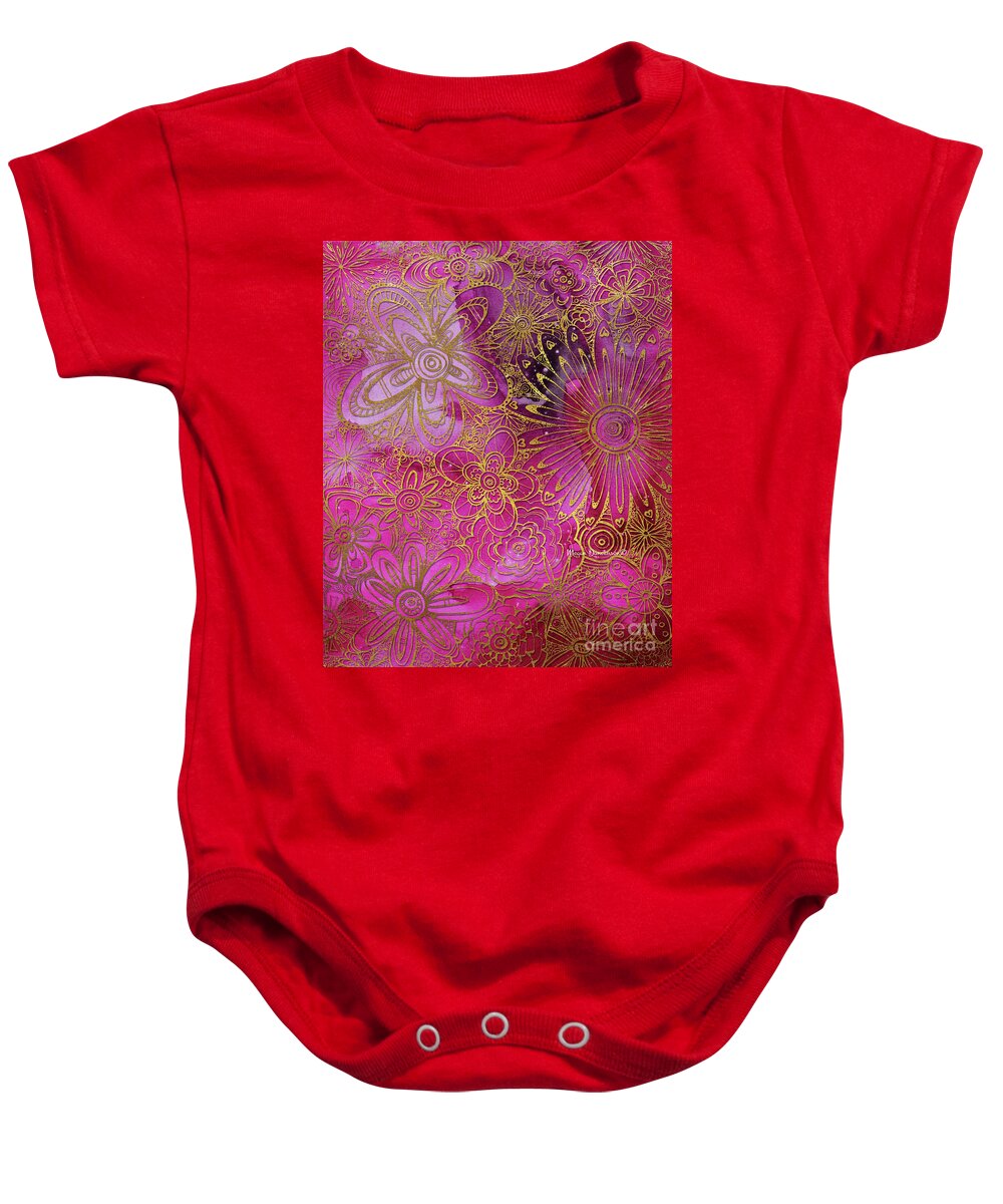Gold Baby Onesie featuring the painting Metallic Gold and Pink Floral Pattern Design Golden Explosion by Megan Duncanson by Megan Aroon