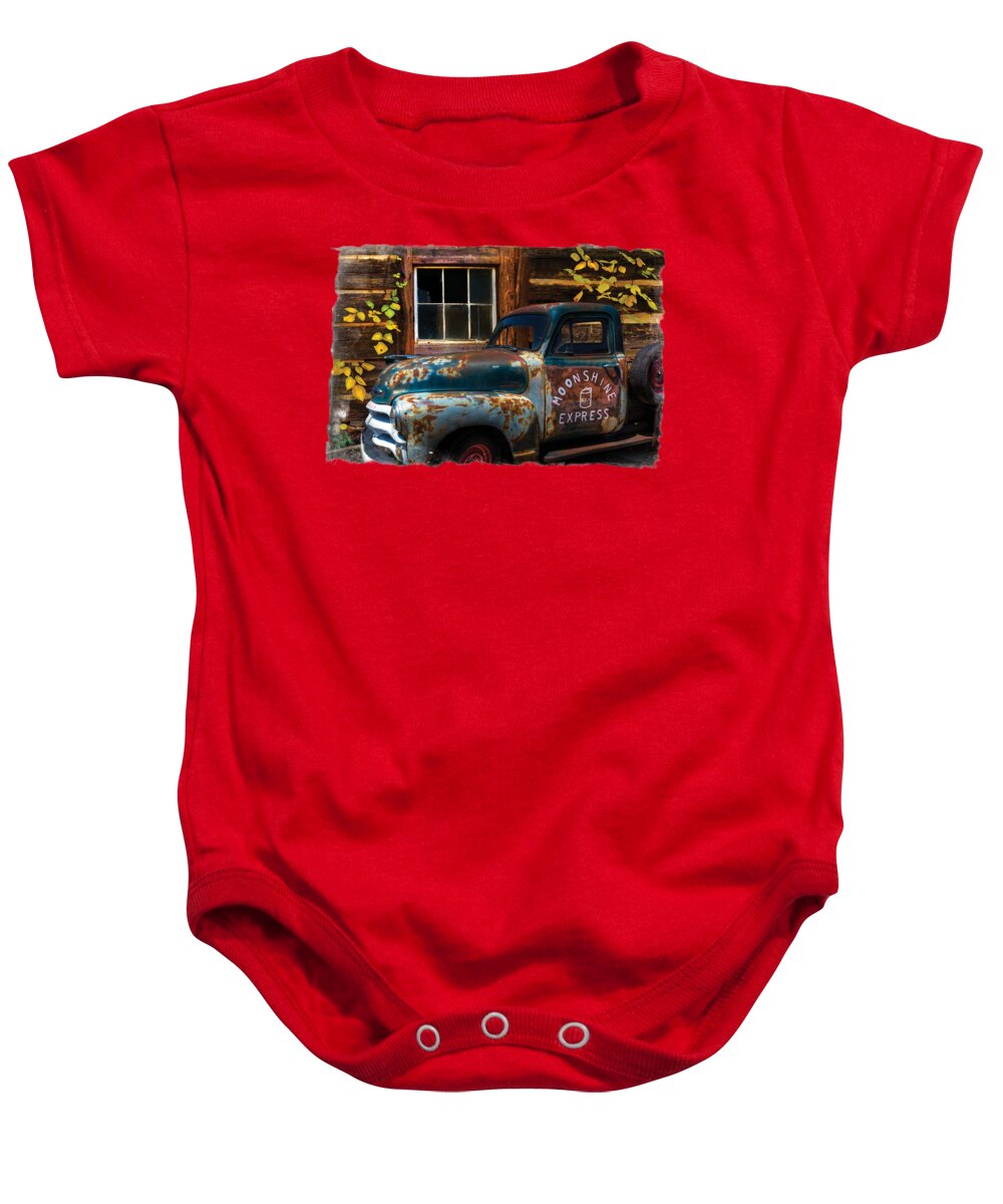 1950s Baby Onesie featuring the photograph Moonshine Express Bordered by Debra and Dave Vanderlaan