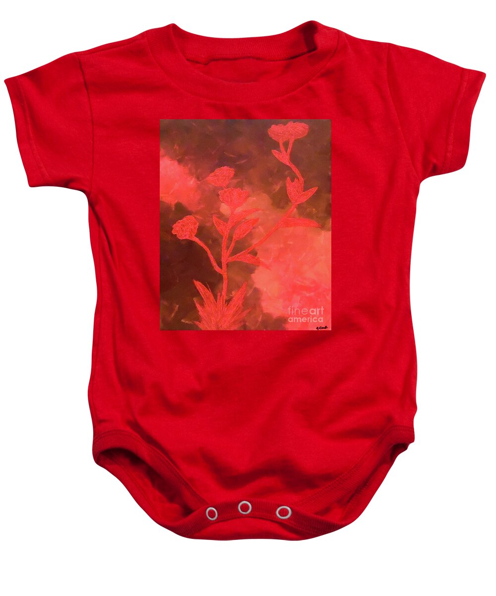 Red Flowers Baby Onesie featuring the painting Novel Romance by Jilian Cramb - AMothersFineArt