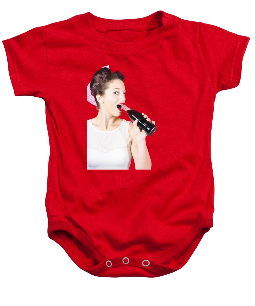 Soft Drink Baby Onesie featuring the photograph Old-fashion pop art girl drinking from soda bottle by Jorgo Photography