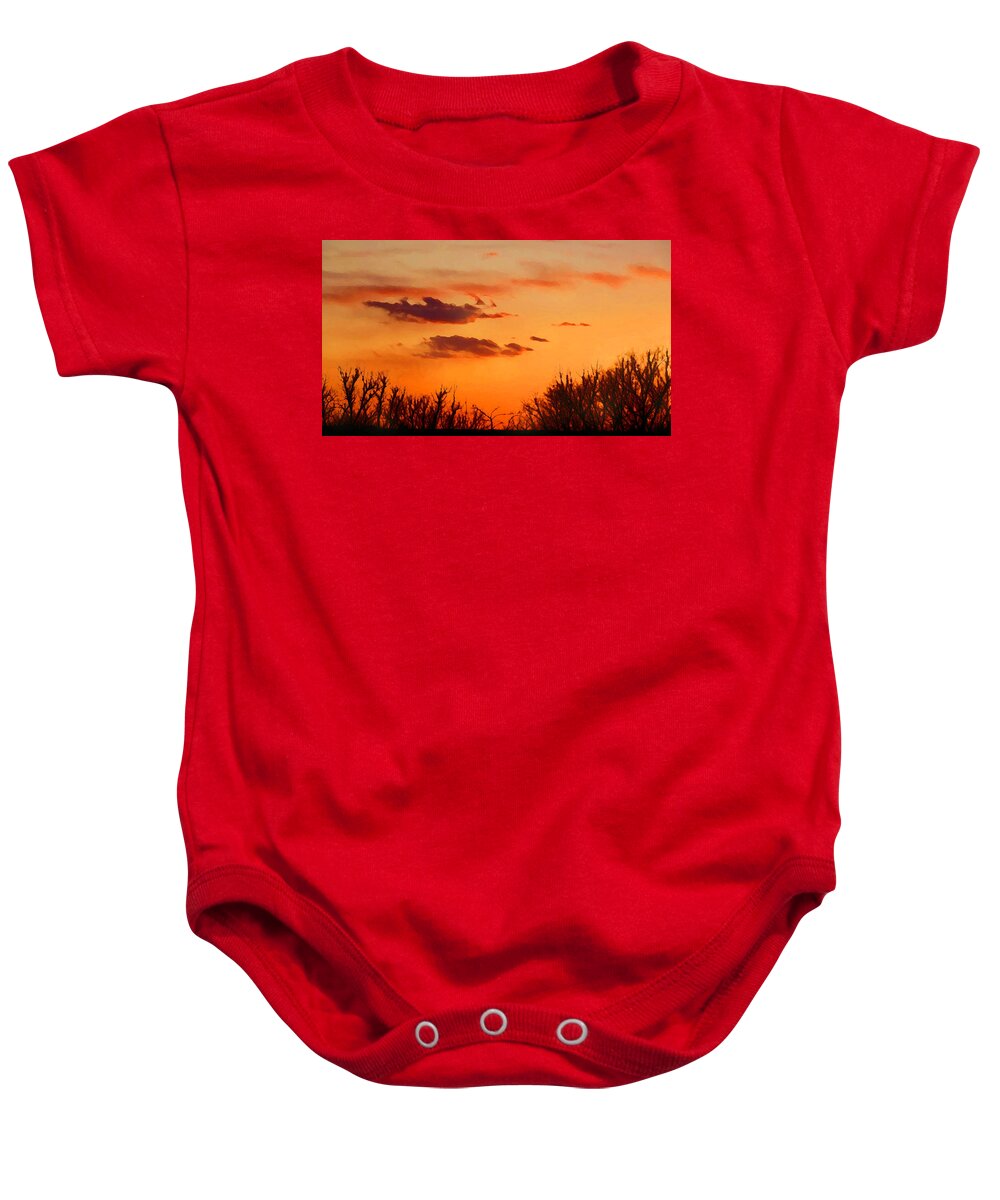 Orange Baby Onesie featuring the mixed media Orange Sky at Night by Shelli Fitzpatrick
