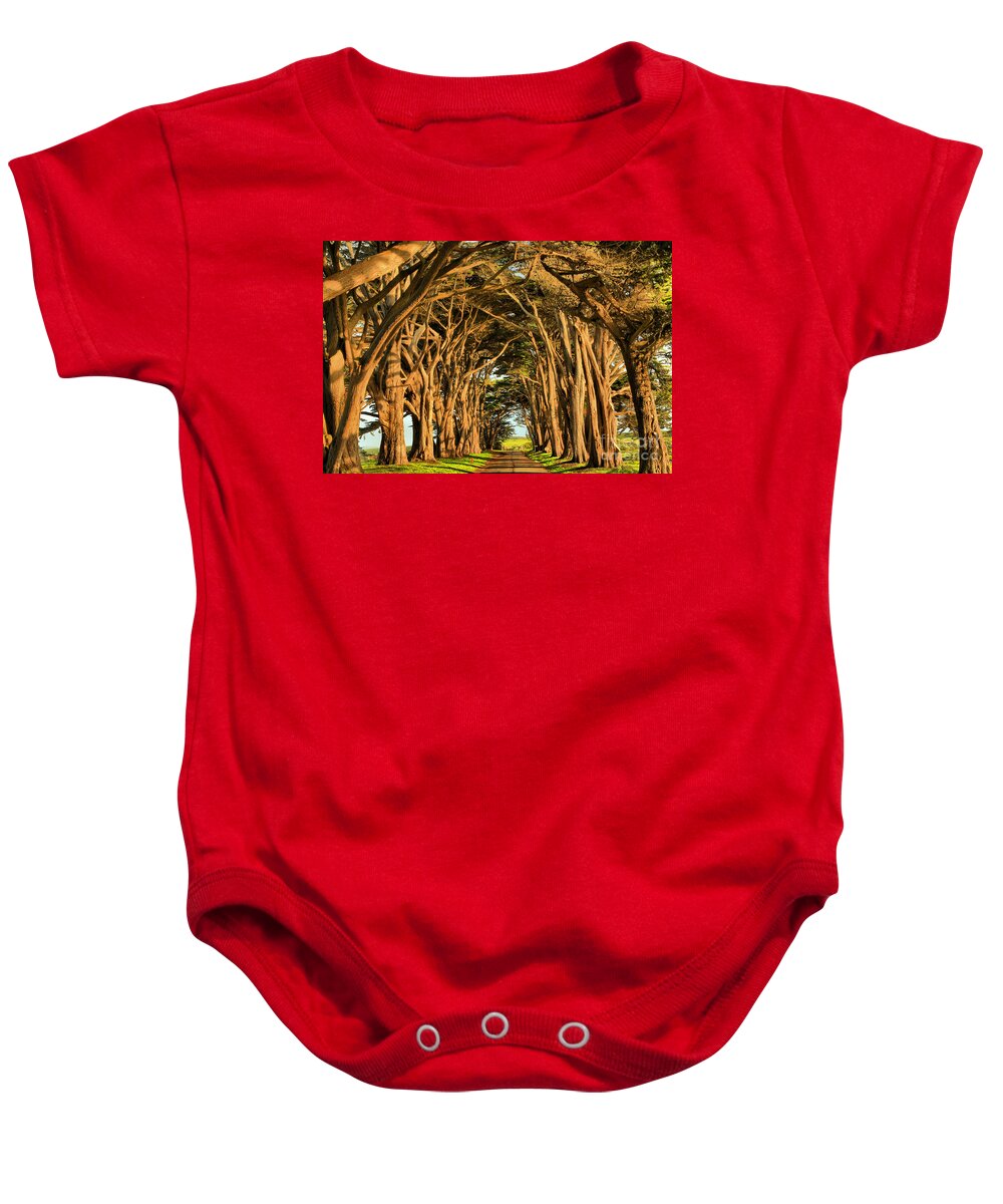 Cypress Tunnel Baby Onesie featuring the photograph Pacific Coast Cypress Tunnel by Adam Jewell