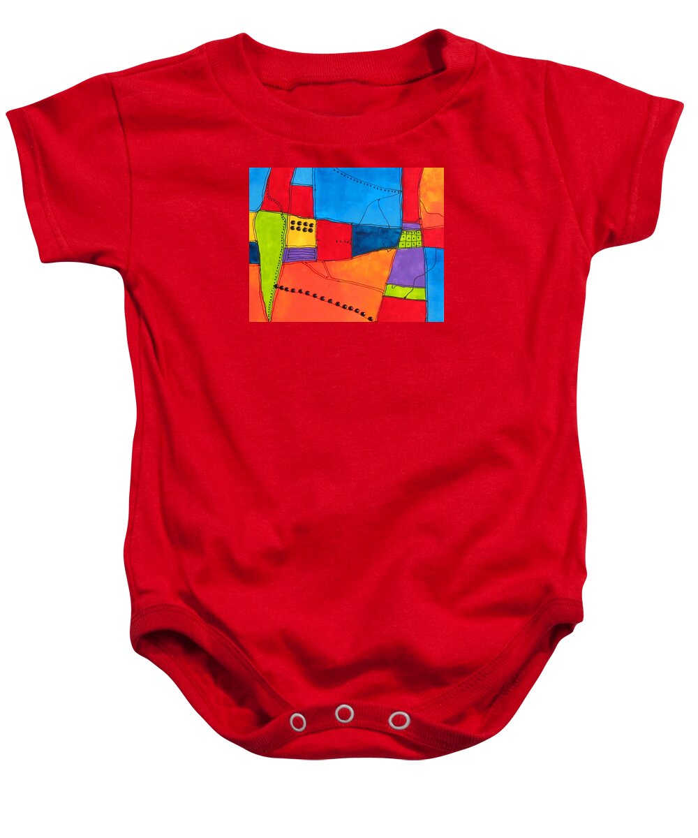 Abstract Baby Onesie featuring the painting Patchwork with Attitude by Louise Adams
