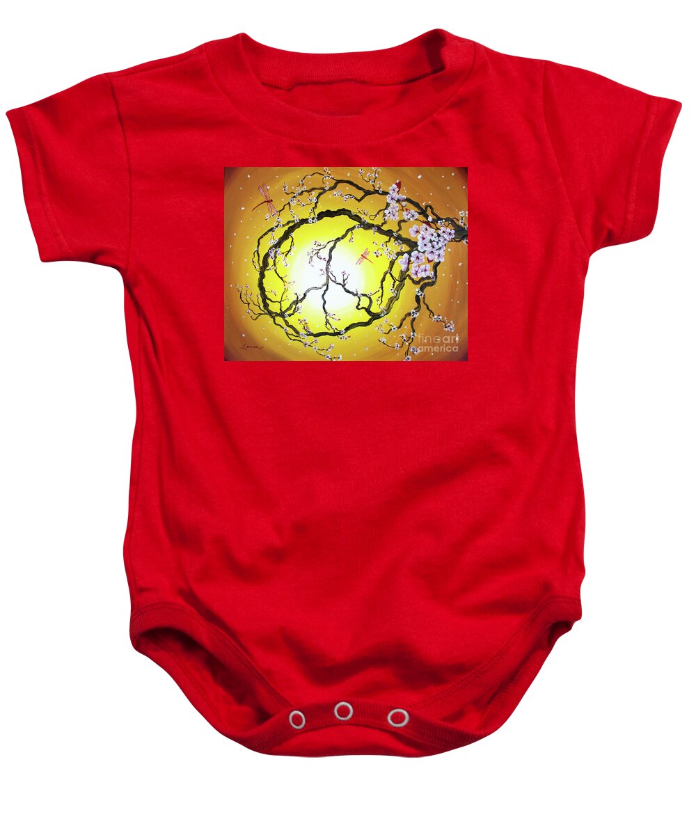 Zen Baby Onesie featuring the painting Peace Tree in Golden Glow by Laura Iverson