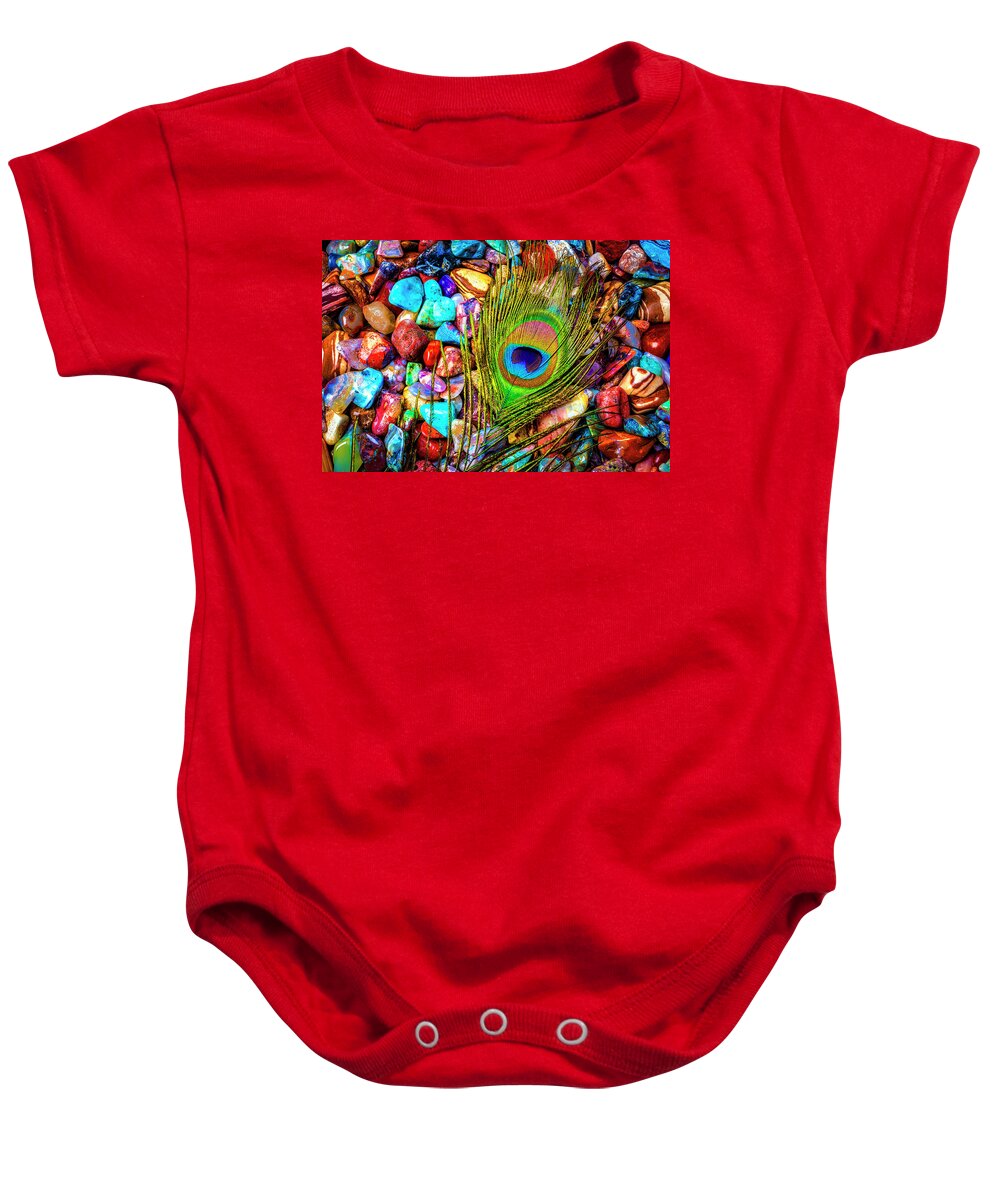 Stones Baby Onesie featuring the photograph Peacock Feather On Colorful Stones by Garry Gay
