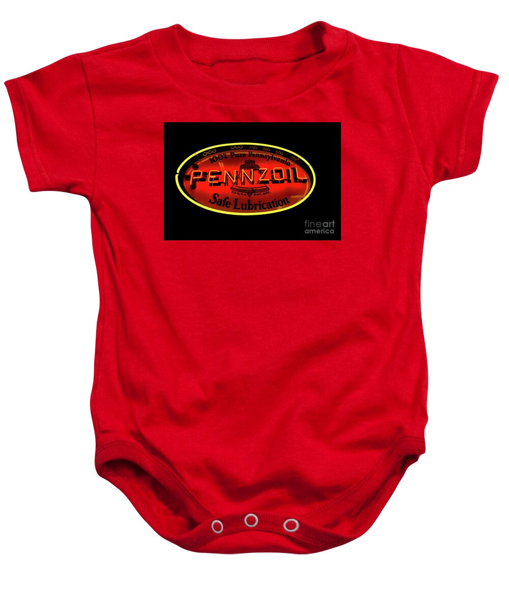 Vintage Neon Sign Baby Onesie featuring the photograph Pennzoil Neon Sign by M G Whittingham