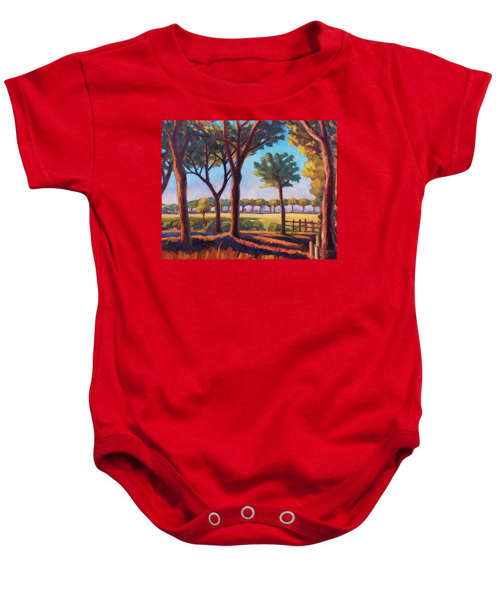 Pine Baby Onesie featuring the painting Pinewood in color by Marco Busoni
