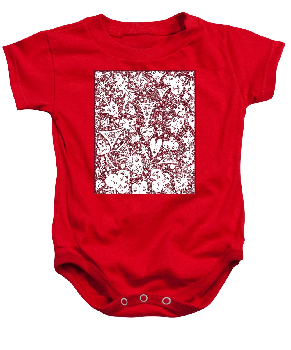 Lise Winne Baby Onesie featuring the drawing Playing Card Symbols with Faces in Red by Lise Winne