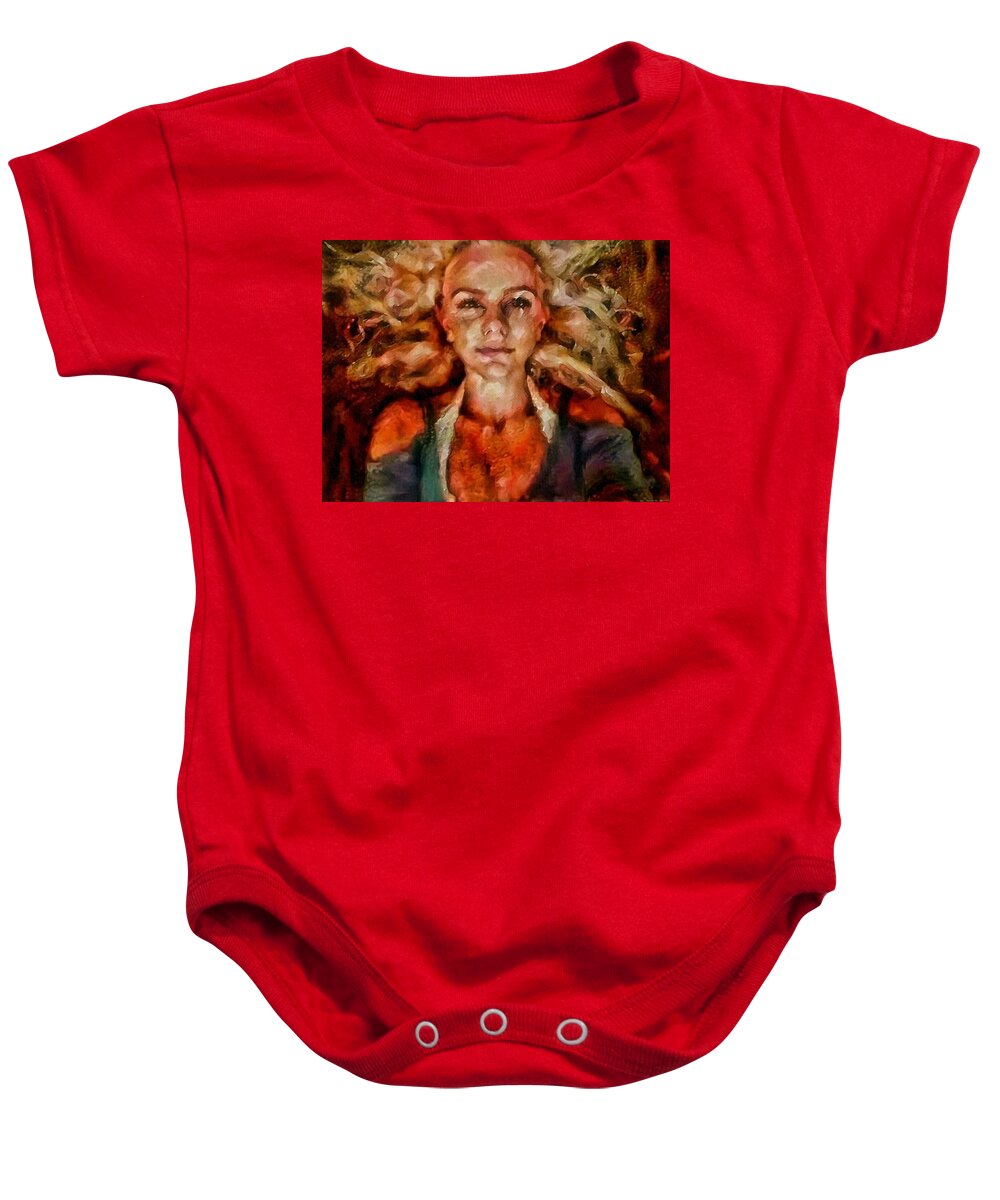 Portrait Of Female Baby Onesie featuring the painting Portrait of female with hair billowing everywhere in radiant unsmiling sharp features golden warm colors and upturned nose curls and aliens of the departure by MendyZ