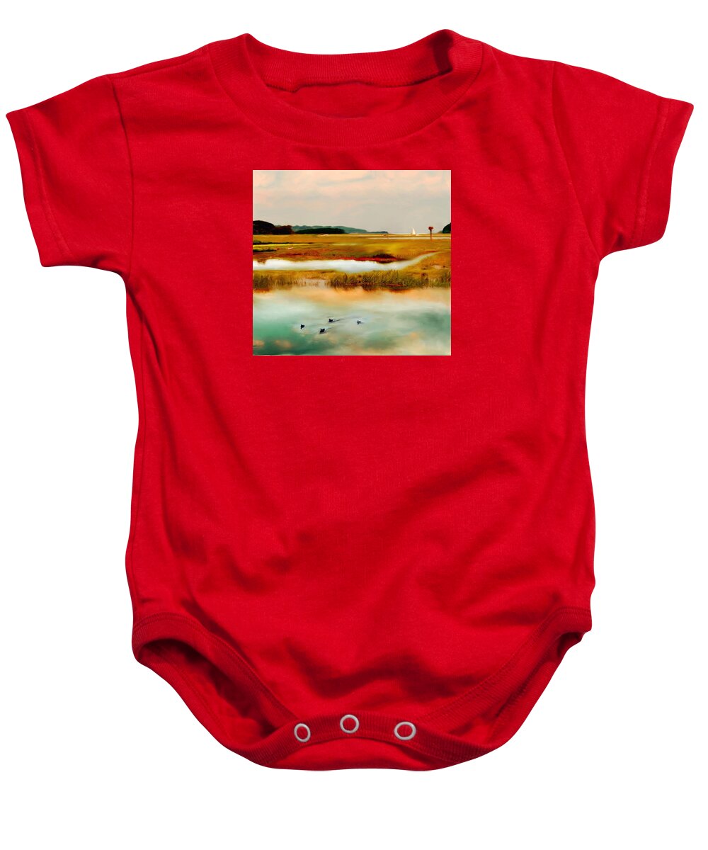 Essex River Baby Onesie featuring the painting Racing the Tide by Sand And Chi