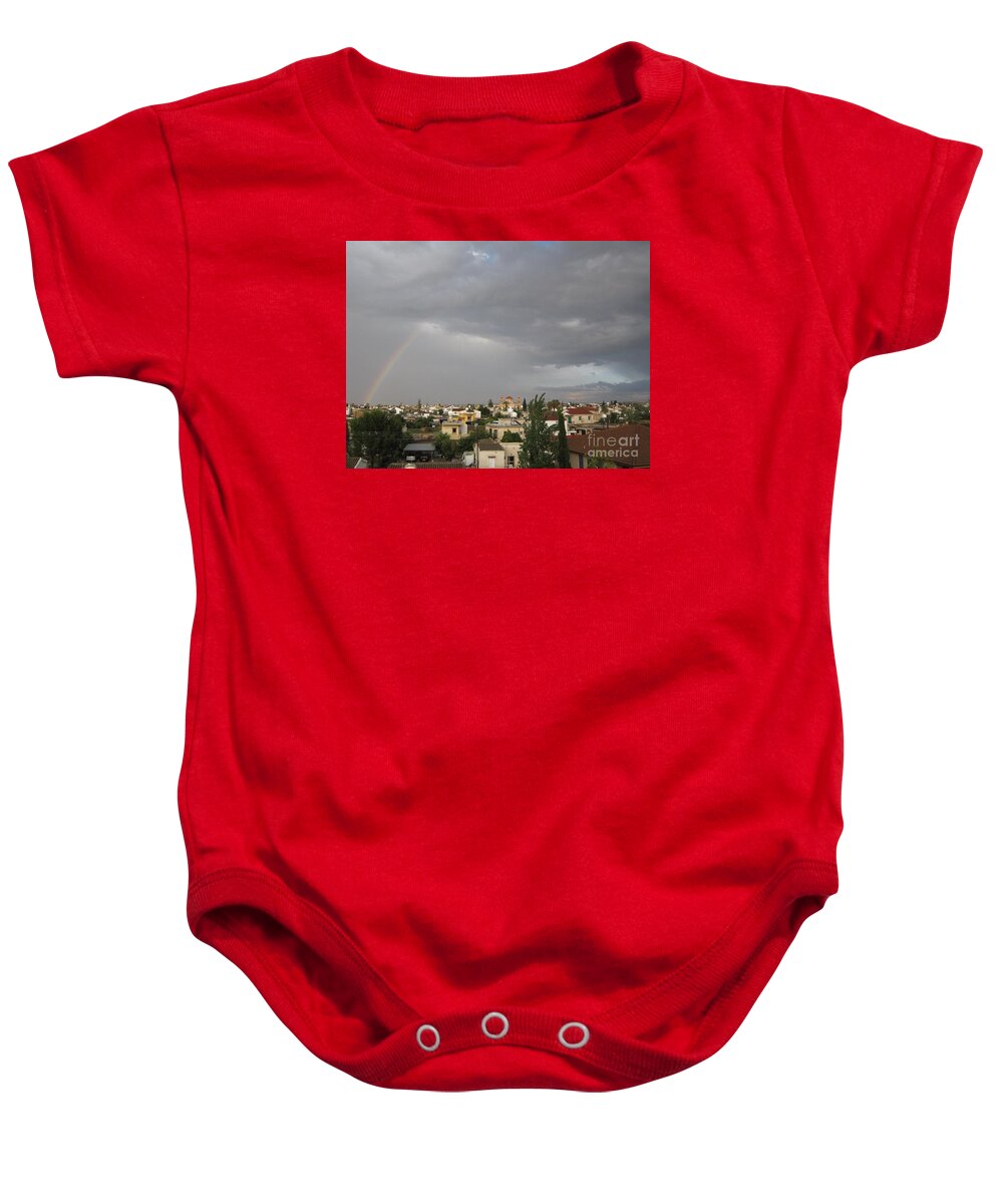 Rainbow Baby Onesie featuring the photograph Rainbow over Athienou, Cyprus by Clay Cofer