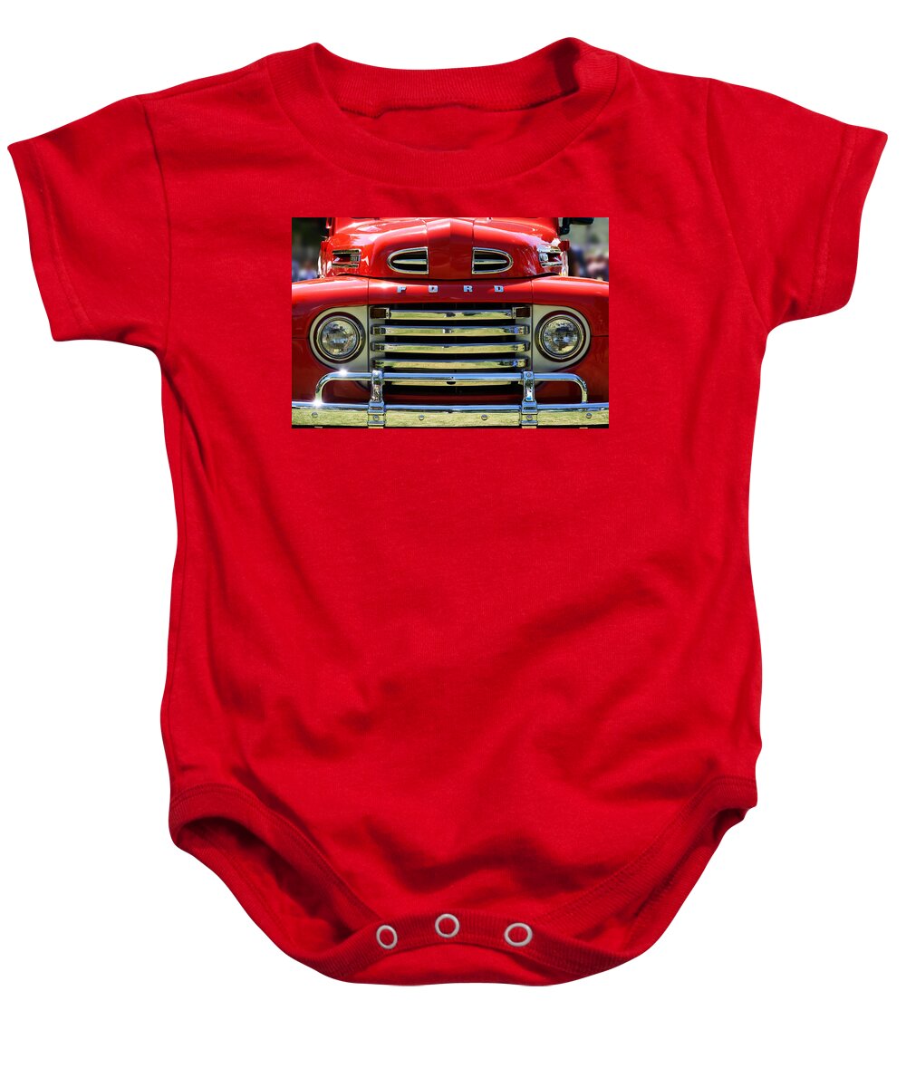 Industrial Art Baby Onesie featuring the photograph Red -- 1948 Ford F-1 at the Golden State Classic Car Show in Paso Robles CA by Darin Volpe