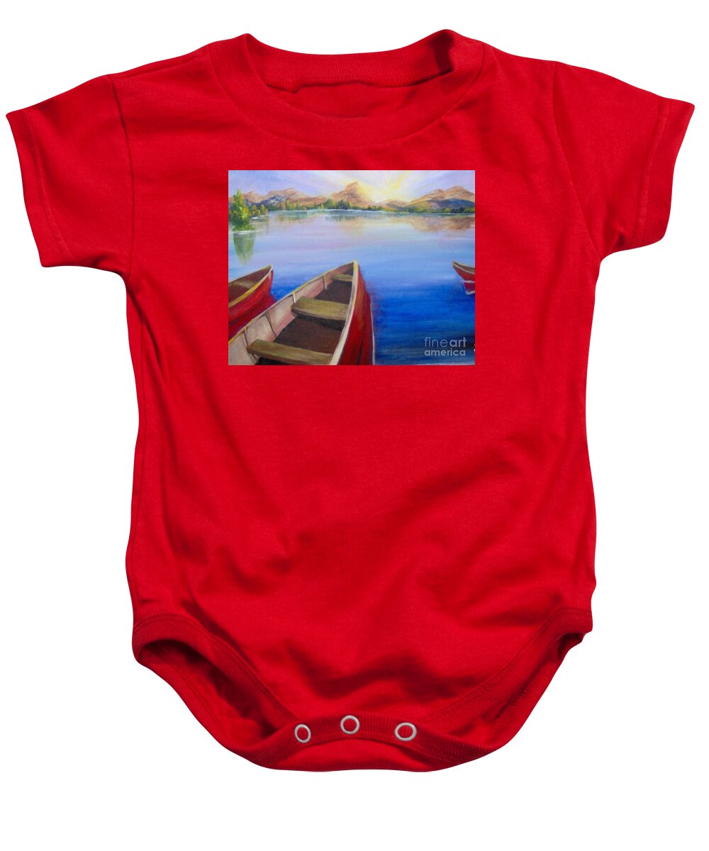 Landscape Baby Onesie featuring the painting Red Boats at Sunrise by Saundra Johnson