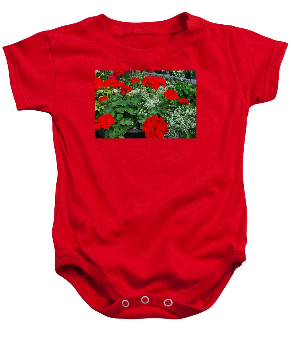 Red Baby Onesie featuring the photograph Red Geraniums by Ee Photography