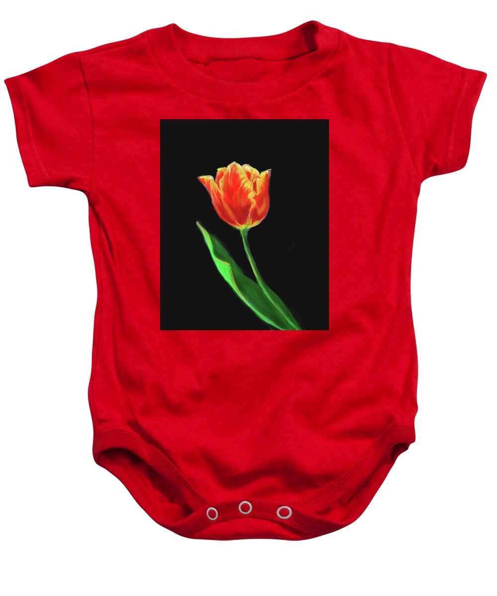 Red Baby Onesie featuring the digital art Red Tulip on Velvet Black by Cynthia Westbrook