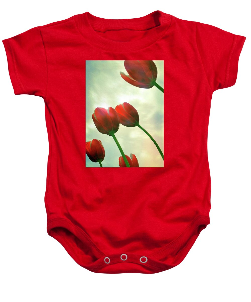 Photograph Baby Onesie featuring the photograph Red Tulips with Cloudy Sky by Michelle Calkins