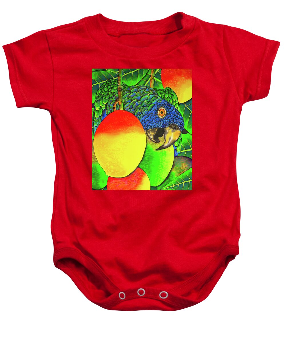 Bird Baby Onesie featuring the painting Saint Lucia parrot with mangos by Daniel Jean-Baptiste