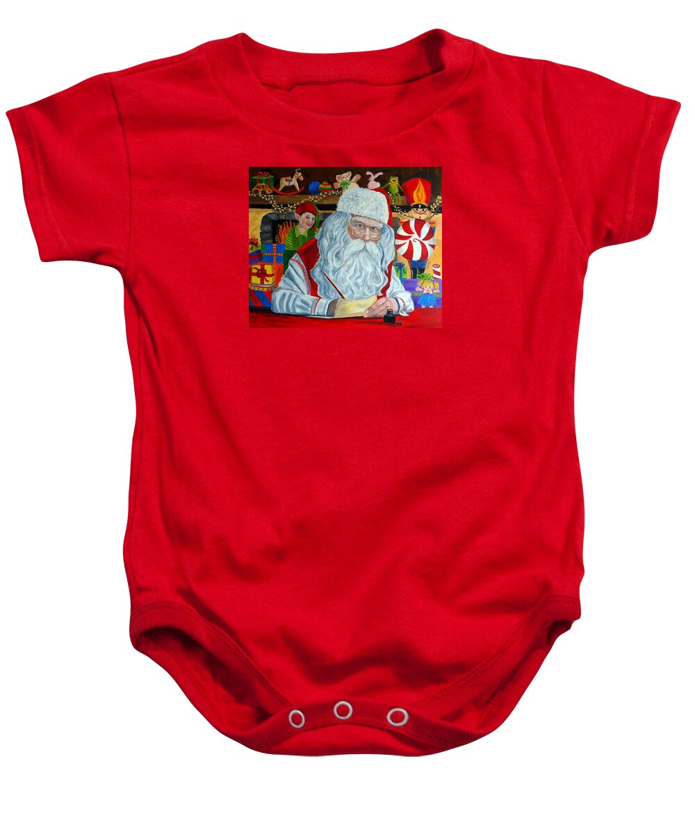 Santa Baby Onesie featuring the painting Santa's Making A List-Christmas Holiday painting by Julie Brugh Riffey