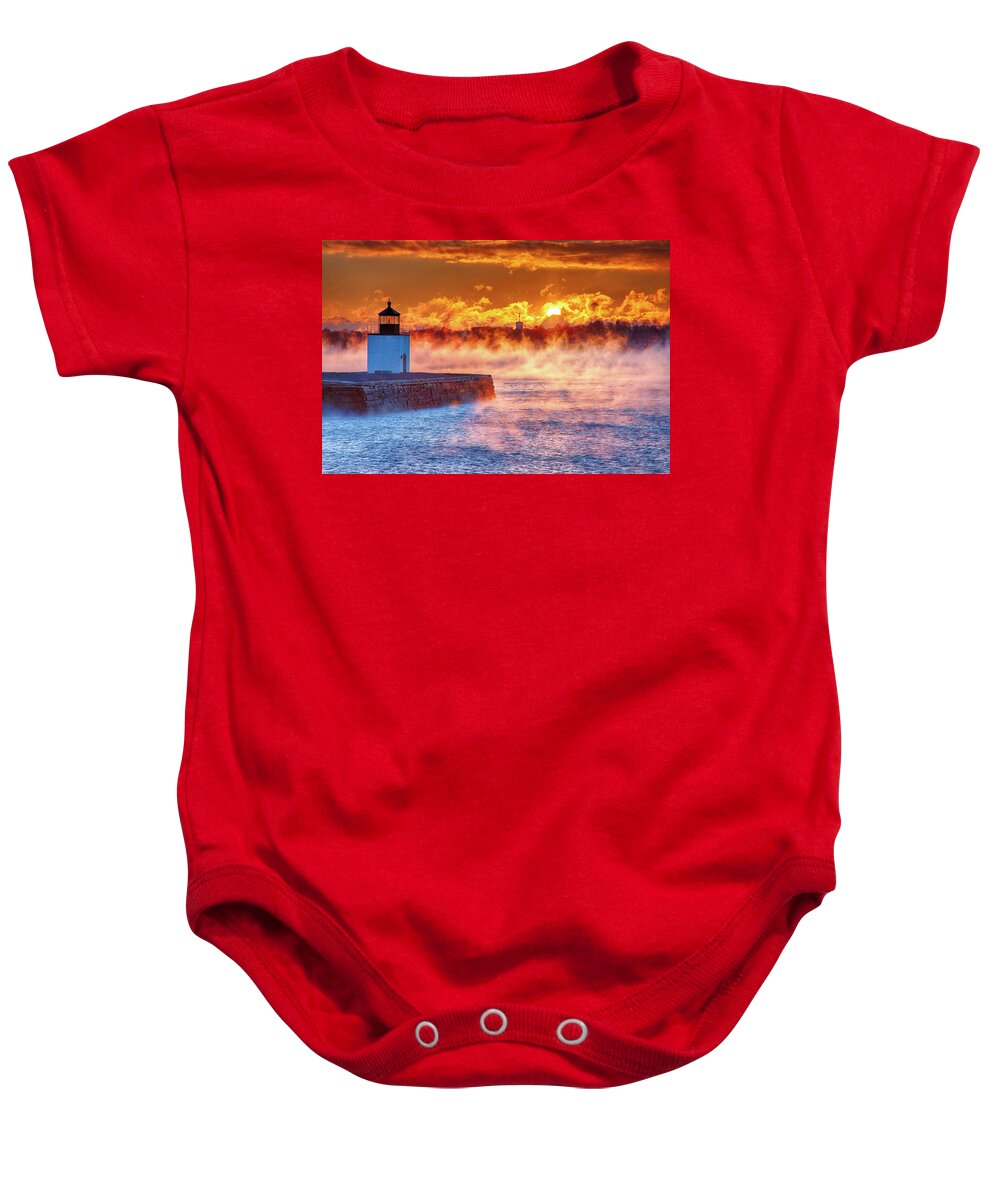 Derby Wharf Salem Baby Onesie featuring the photograph Seasmoke at Salem Lighthouse by Jeff Folger