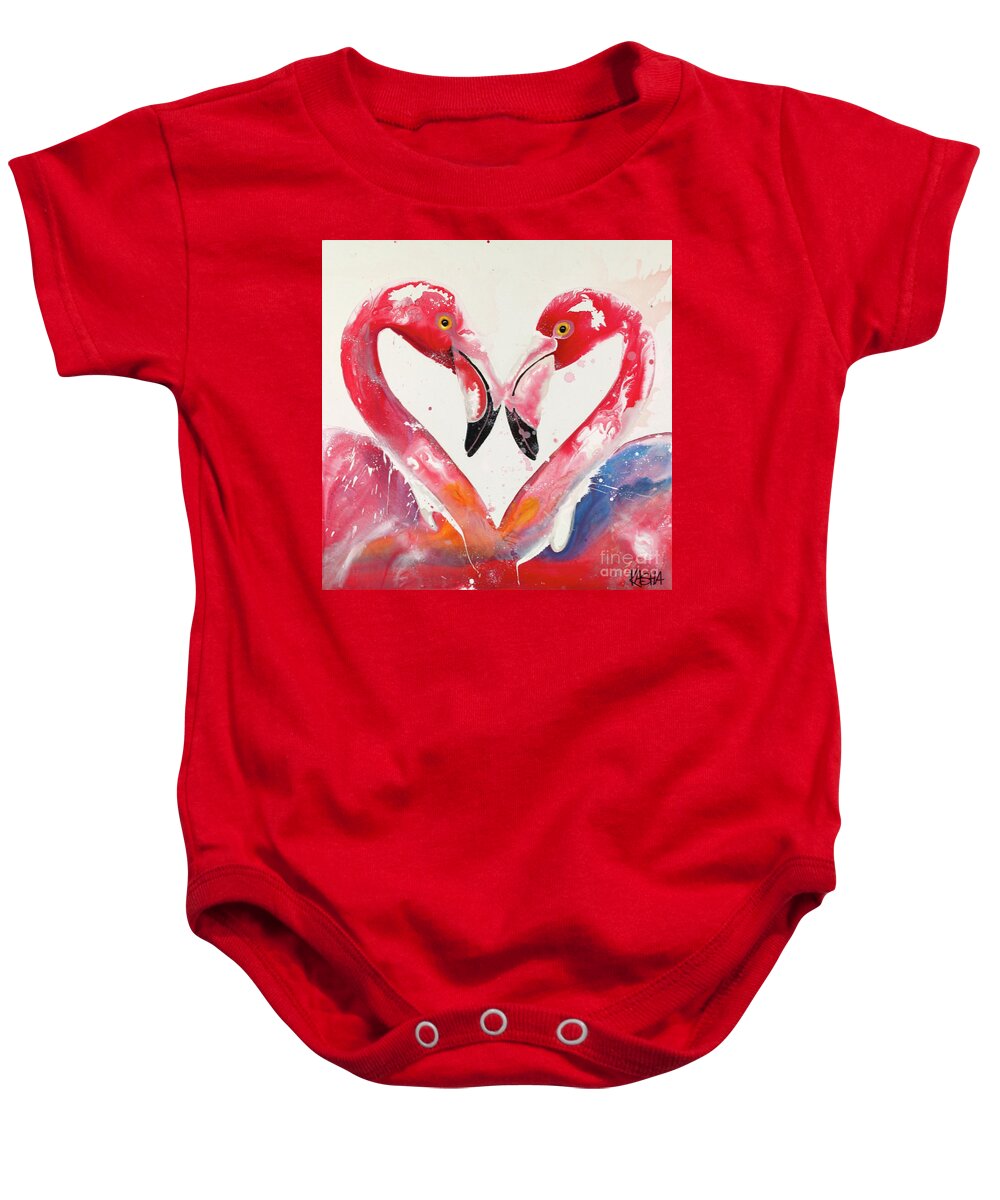 Flamingos Baby Onesie featuring the painting Sneak Beak by Kasha Ritter