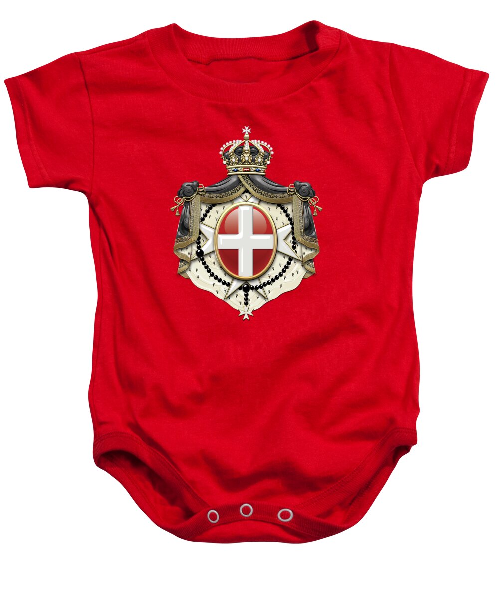 'ancient Brotherhoods' Collection By Serge Averbukh Baby Onesie featuring the digital art Sovereign Military Order of Malta Coat of Arms over Red Velvet by Serge Averbukh